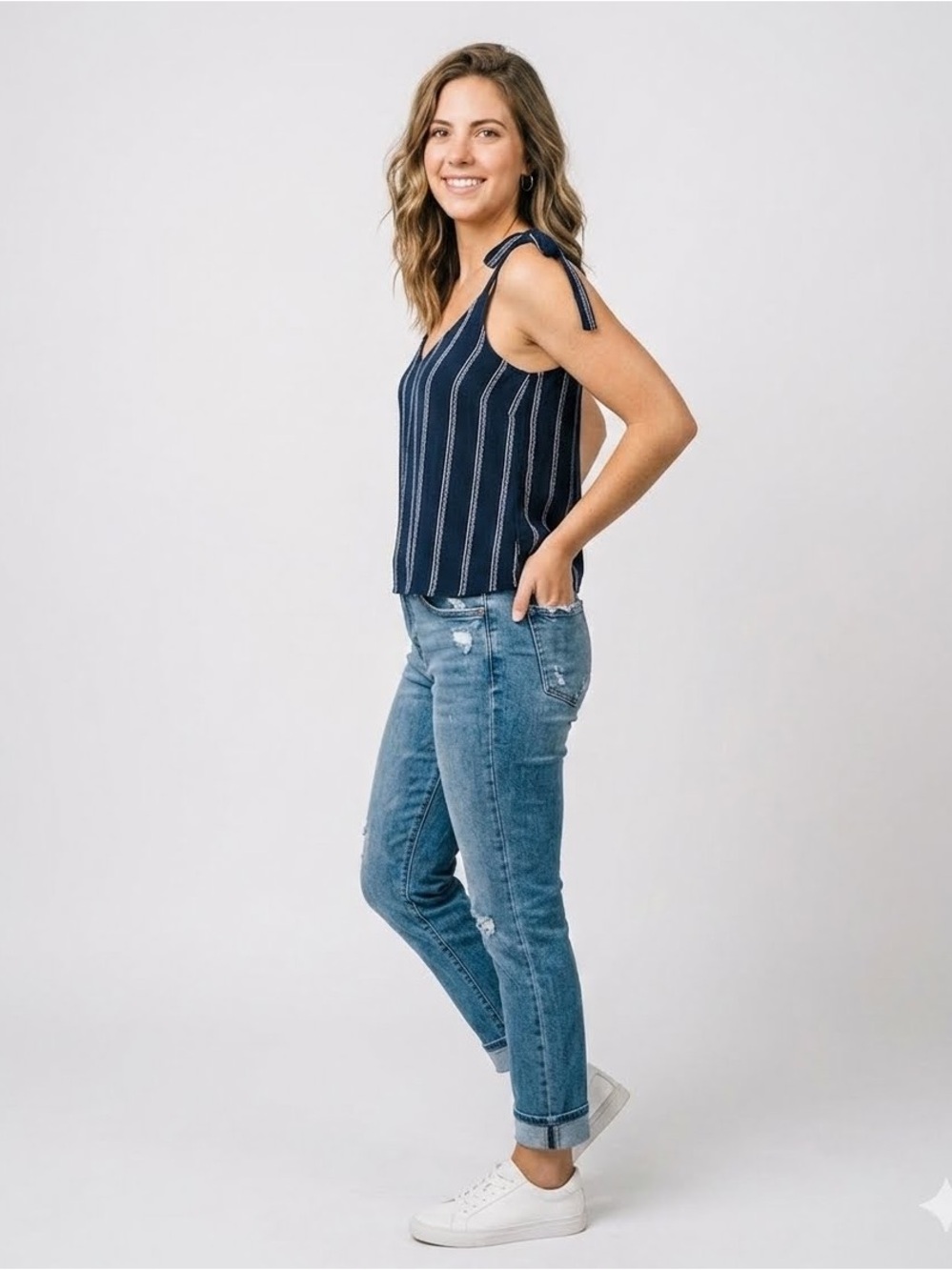Splendid Tank Top in Navy Blue — Striped Tie Shoulder Rayon Cami Size Small (S)